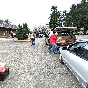 Cars arriving at a Salt of the Earth drive-through food distribution